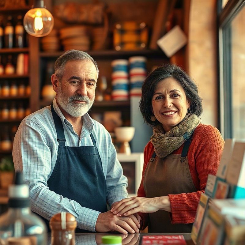 Dos familiares atendiendo juntos en su comercio de Sevilla